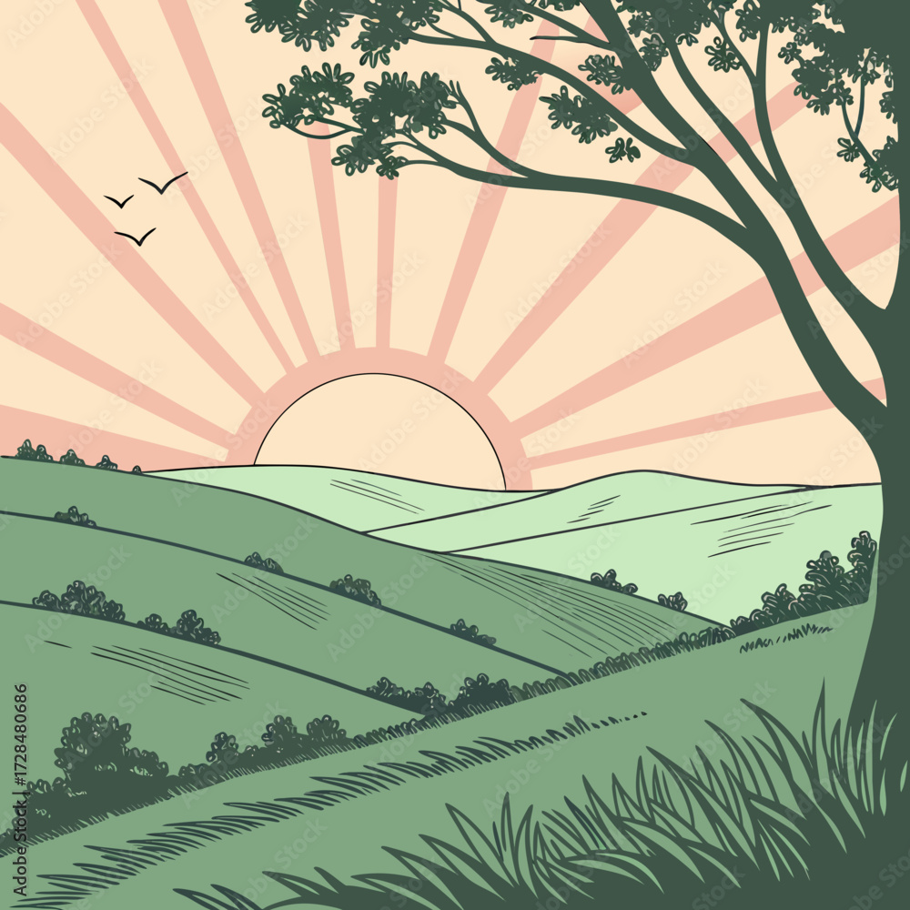 Obraz premium Sunrise over rolling hills with a tree silhouette and birds in the distance