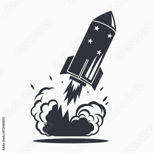 Single dark gray rocket soars upward, leaving behind smoke and vapor trails