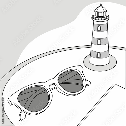 Sunglasses and a lighthouse figurine on a round table