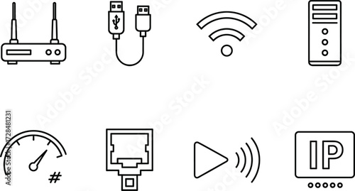 Networking icon set, internet connection symbols, Wi-Fi, USB cable, router, server, IP address, Ethernet port, speed test, data stream, vector illustration