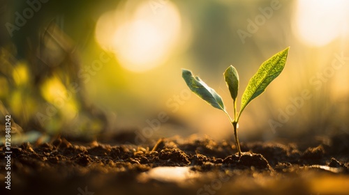 sapling. Young sapling emerging from rich soil, sunlight filtering through leaves in a detailed macro view. gardening catalogs, home-decor guides, designed for gardening and botanical catalogs.