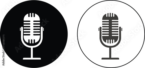 Retro microphone icon, podcast symbol, audio recording vector, black and white contrast, voice technology, broadcast design, minimal style, circular background illustration