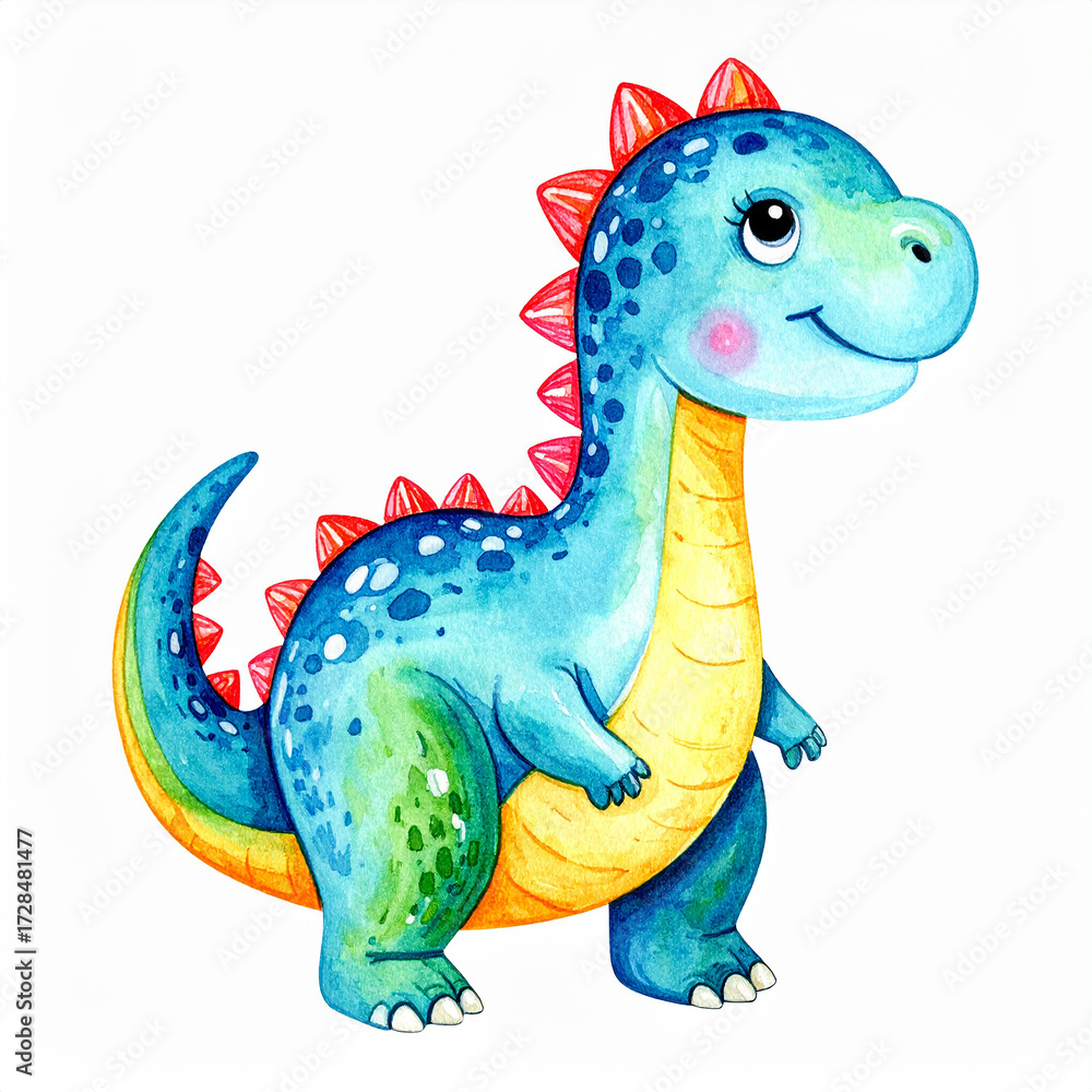 Fototapeta premium Watercolor painting of cute dinosaur, joyful prehistoric animal isolated on white background.