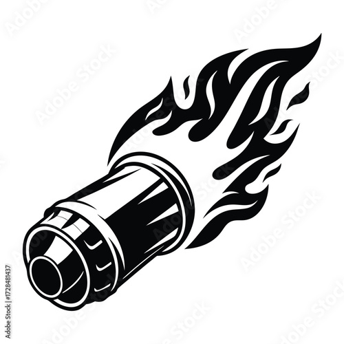 Striking monochrome shows an exhaust pipe with flames emanating from its end