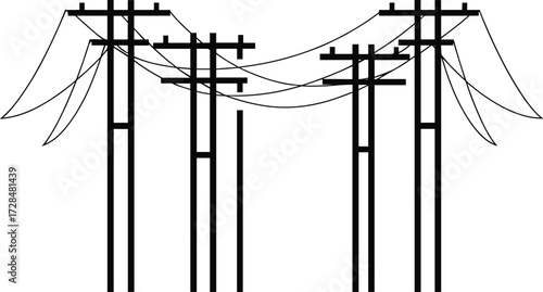 Utility poles silhouette, power lines tension, electrical infrastructure, rural energy network, crossarm insulators, depth perspective, urban electricity, distribution grid, 
