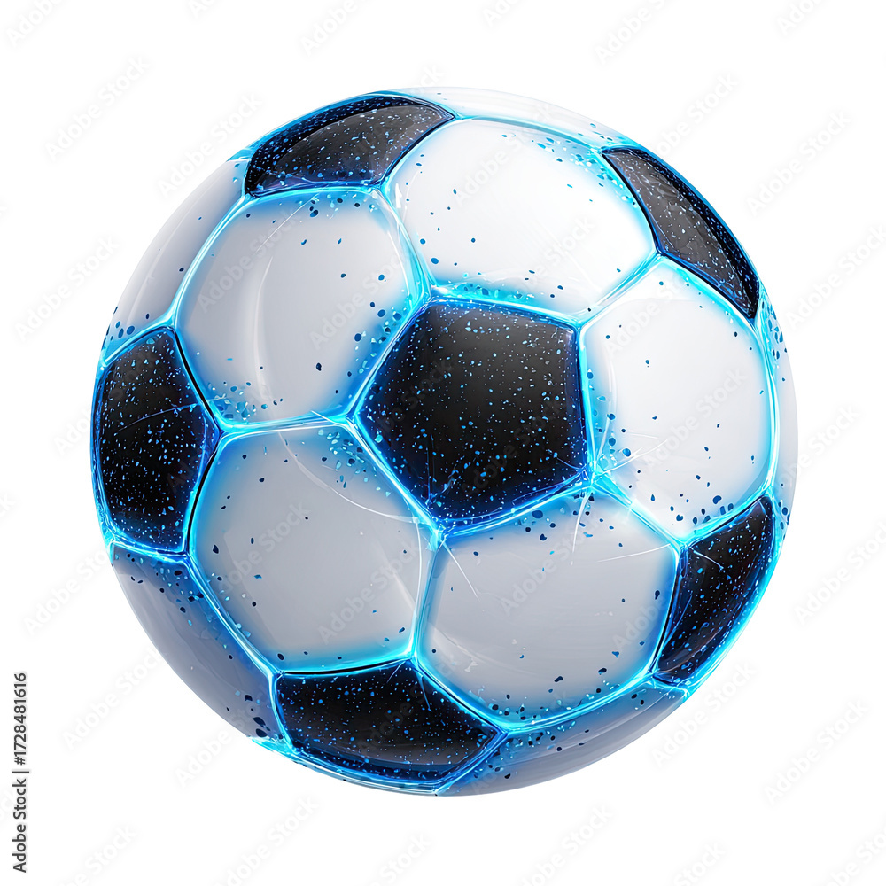 Naklejka premium 3D Soccer Ball, Bright Blue Glow