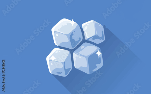 Four sparkling cartoon ice cubes on a blue background with a long shadow, depicted in a flat graphic illustration style.