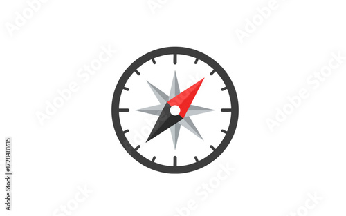 A simple illustration of a compass, showing direction and navigation with a red arrow.