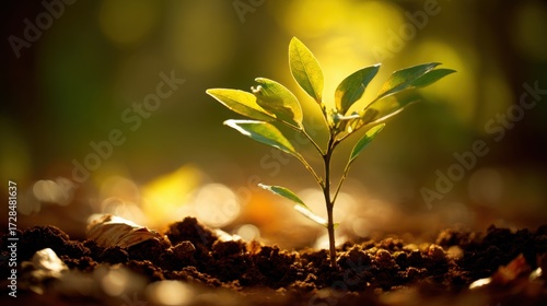 sapling. Young sapling emerging from rich soil, sunlight filtering through leaves in a detailed macro view. gardening catalogs, home-decor guides, designed for gardening and botanical catalogs.