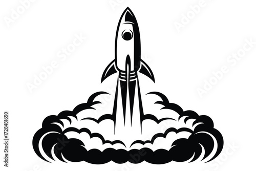 Stylized black rocket ascends with exhaust smoke plumes against a simple background