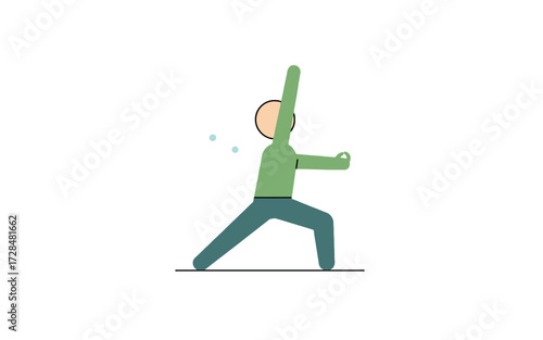 A minimalist illustration of a person performing a yoga warrior pose with one arm raised and the other extended forward.