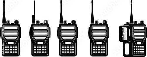 Walkie-talkie vector set, handheld radio illustration, communication device, black and white icons, antenna variation, emergency gear, portable transceiver, tactical equipment