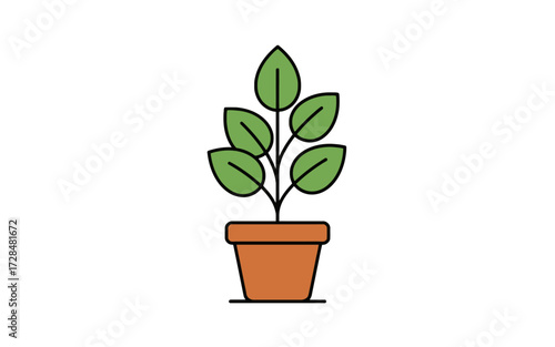 A simple vector illustration of a small green houseplant with leaves growing in a brown pot.