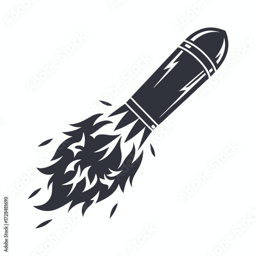 Stylized black bullet flies fiercely with fiery flame trails on a clean white backdrop