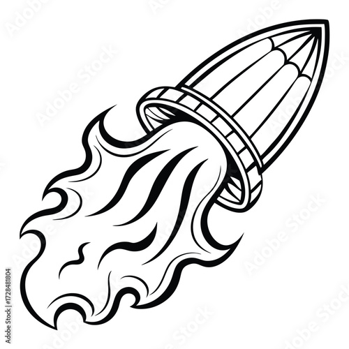 Stylized black rocket ascends, leaving a trail of fiery plumes on a white canvas