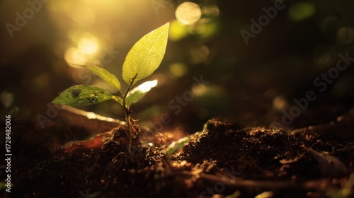 sapling. Young sapling emerging from rich soil, sunlight filtering through leaves in a detailed macro view. gardening catalogs, home-decor guides, designed for gardening and botanical catalogs.