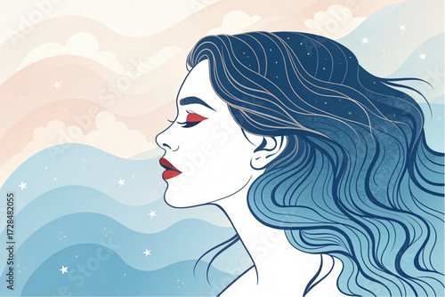 Creative Abstract Stylized Portrait of a Woman with Flowing Sapphire Hair Banner Background