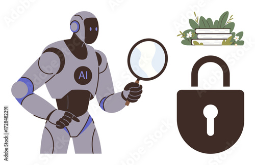 AI-powered robot holding magnifying glass examining cybersecurity, lock symbol, stack of books, greenery. Ideal for technology, learning, privacy, innovation, AI security research simple flat