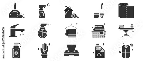 Collection of Cleaning and Household Tools Including Spray Bottles, Brooms, Buckets, and Utensils for Effective Home Maintenance and Sanitation Practices