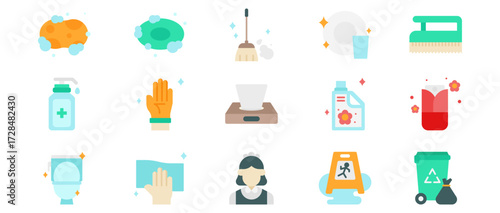 Collection of Household Cleaning Tools and Products Including Sanitizer, Sponges, and Disinfectants on a White Background