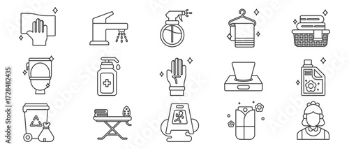 Essential Cleaning And Household Tools Icons set For Every Home: Kitchen Utensils, Bathroom Equipment, And Cleaning Supplies In A Stylish And Organized Layout