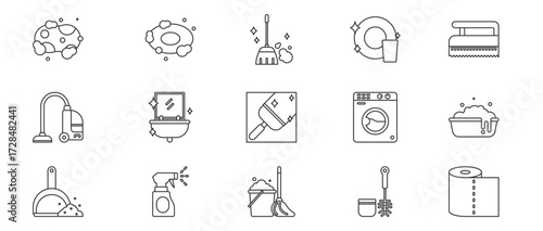 Comprehensive Overview of Essential Cleaning and Household Tools icons set Featuring a Range of Equipment for Effortless Home Maintenance and Organization