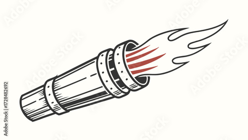 Stylized metallic cannon spews fiery flames in a vintage tattoo rendering