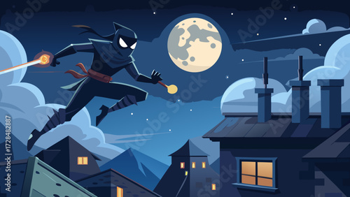 Ninja jumping on rooftops at night with throwing star