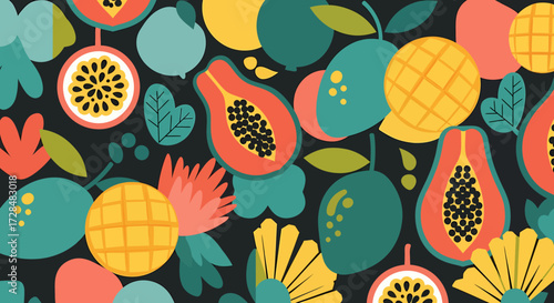 Vibrant seamless pattern of tropical fruits and leaves on a dark background, featuring papaya, mango, and passion fruit in a flat illustrative style.
