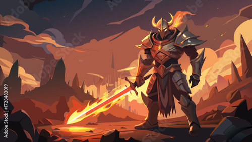 Armored knight wielding a flaming sword in landscape