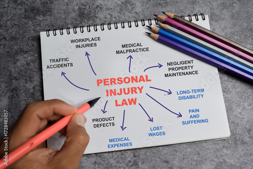 Concept of personal injury law write on book with keywords isolated on Wooden Table.