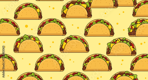 A repeating pattern of cartoon tacos on a yellow background with small yellow dots.