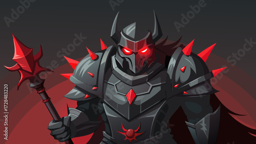 A dark knight in armor with glowing red eyes holding staff