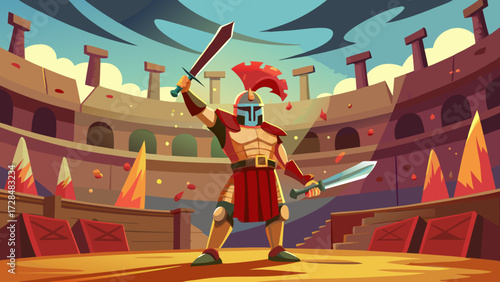 Illustration of a gladiator in a colosseum arena