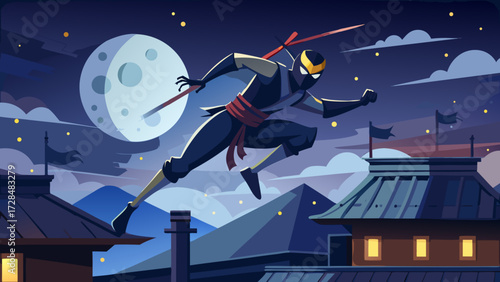 Ninja leaping across rooftops under a full moon night