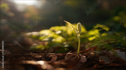 sapling. Young sapling emerging from rich soil, sunlight filtering through leaves in a detailed macro view. gardening catalogs, home-decor guides, designed for gardening and botanical catalogs.
