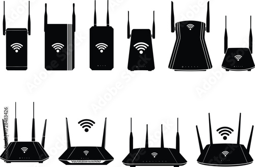 Wireless router silhouettes, modem vector icons, antenna styles, internet devices, signal indicators, tech equipment, digital connectivity, black illustration, network hardware set