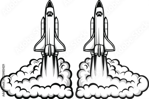 Two stylized spacecraft launch, expelling billowing white and gray smoke trails below