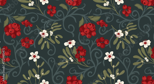 Seamless pattern featuring red berries, white mistletoe flowers, and green foliage with swirling vines on a dark teal background, evoking a festive winter theme.