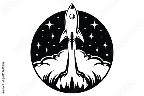 White rocket launching through smoke within circular black space full of stars