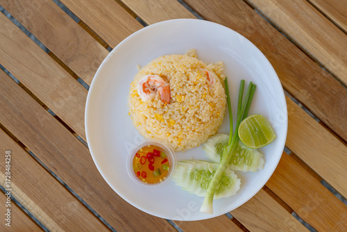 Rice blowing shrimp is a delicious and useful Thai food on a wooden table.