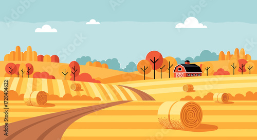A vibrant illustration of a rural landscape featuring a farm, fields, and hay bales.