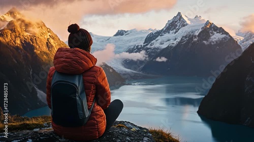 woman sitting at cliff top looking out to snowcap mountain and
