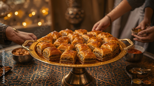 A golden tray of freshly baked baklava with honey glaze, served on a patterned Moroccan brass table