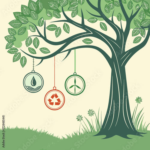 Illustration of a tree with symbols of water, recycling, and wind energy