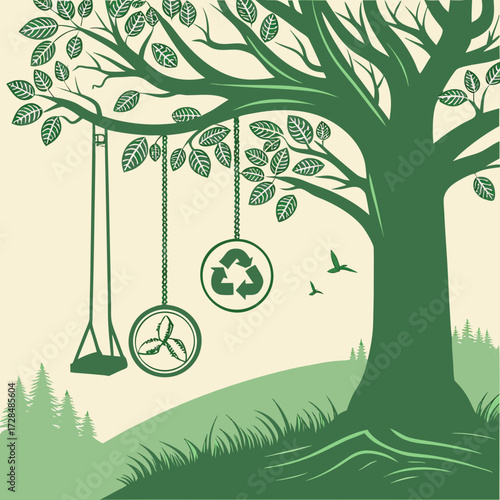 Illustration of a tree with a swing and symbols of recycling and wind energy