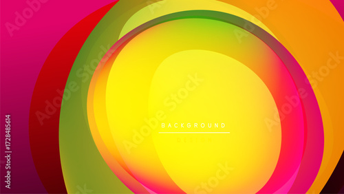 Abstract colorful layers create dynamic circular design. Bright gradients blend, forming modern background element. Vivid hues attract attention.