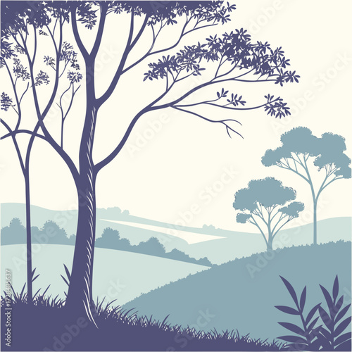 Illustration of a serene landscape with trees and rolling hills in soft colors