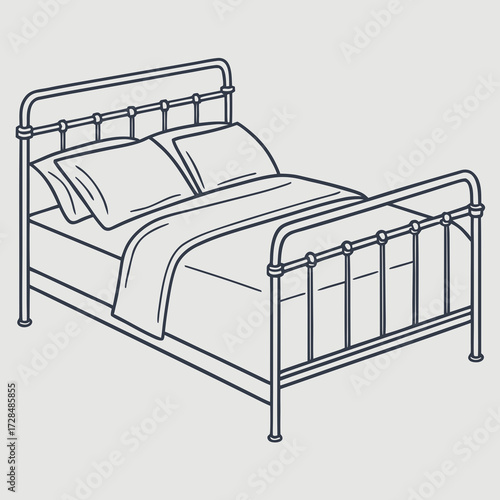 Illustration of a classic metal bed frame with bedding and two pillows