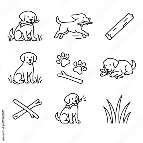 Dog chewing on stick in field, vector icon set isolated  